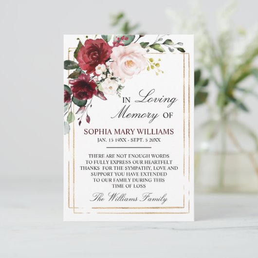 Marsala Rose Beileid Memory Dankeskarte (Stehend Vorderseite)