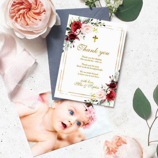 Marsala Rose & Gold Foto Taufe Danke Karte