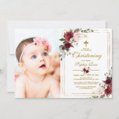 Marsala Rose & Gold Frame Foto Girl Christening Einladung (Vorderseite)