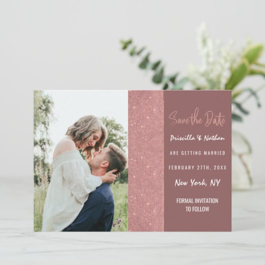 Marsala Rose Gold Glitzer Farbblock Rett Datum Save The Date (Stehend Vorderseite)