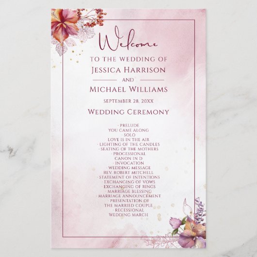 Marsala Rose Gold Watercolor Wedding Program (Vorderseite)