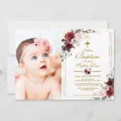 Marsala Rose & Goldrahmen Foto Girl Taufe Einladung (Vorderseite)