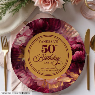Marsala-Roségold-Blumen Frau 50. Geburtstag Pappteller