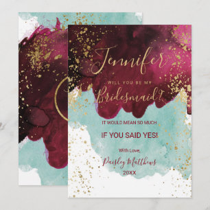 Marsala Rot Teal Aquarell Gold Spritzer Brautjungf Einladung