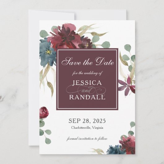 Marsala Rot und Navy Blumenhochzeit retten das Dat Save The Date (Vorderseite)