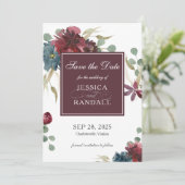 Marsala Rot und Navy Blumenhochzeit retten das Dat Save The Date (Stehend Vorderseite)