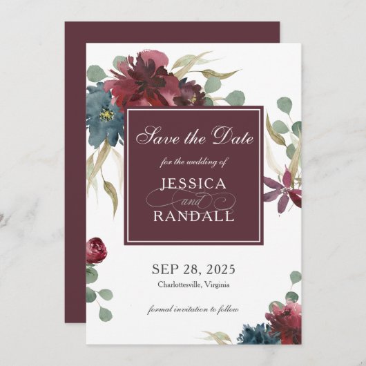 Marsala Rot und Navy Blumenhochzeit retten das Dat Save The Date (Vorne/Hinten)