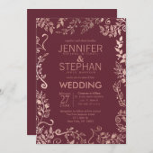 Marsala Rote Rose Goldflorale Hochzeit Einladung (Vorne/Hinten)