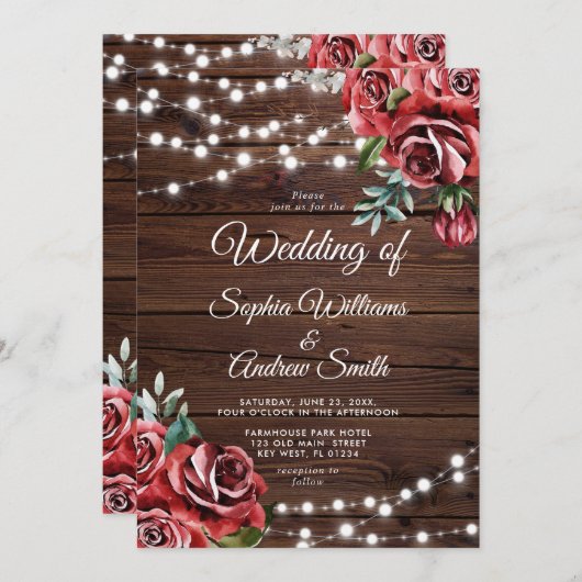 Marsala Rote Rose Rustic Wood Wedding Einladung (Vorne/Hinten)