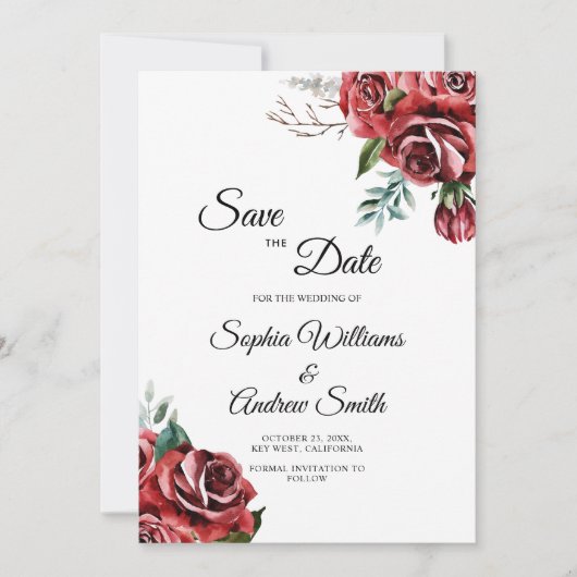 Marsala Rote Rose Rustikal Save the Date (Vorderseite)