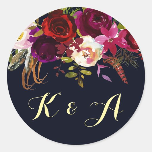 Marsala Rustic Boho Floral Monogram Runder Aufkleber (Vorderseite)