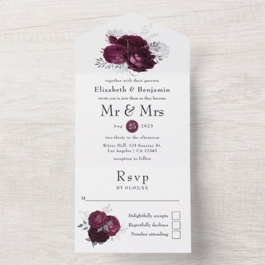 Marsala, Schwarz und Silver Floral Wedding All In One Einladung (Innen Boden)
