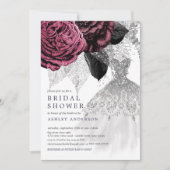 Marsala Silver Floral Wedding Dress Brautparty Einladung (Vorderseite)