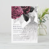 Marsala Silver Floral Wedding Dress Brautparty Einladung (Stehend Vorderseite)