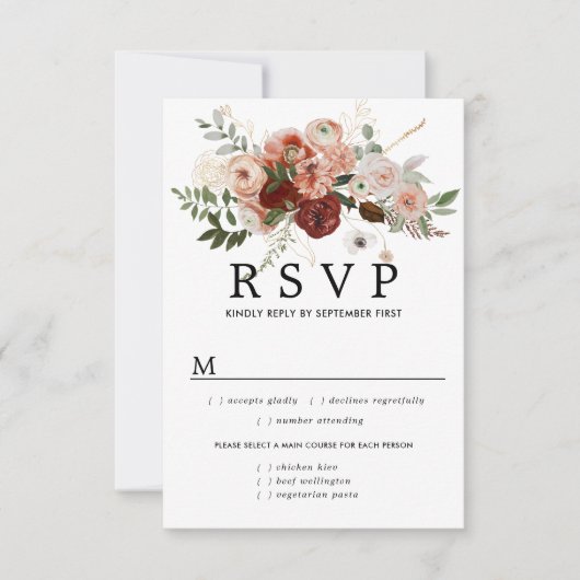 Marsala Terrocotta Wedding RSVP Card, Optionen für (Vorderseite)