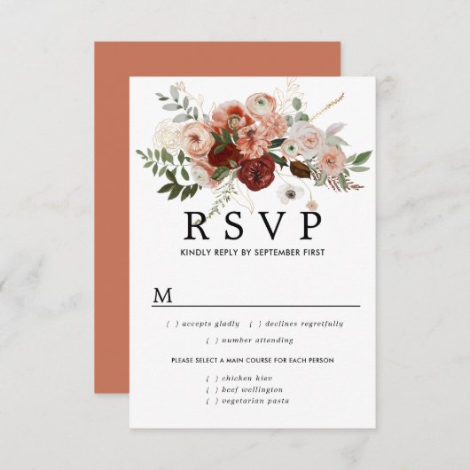 Marsala Terrocotta Wedding RSVP Card, Optionen für (Vorne/Hinten)