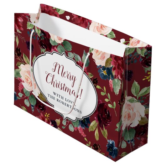 Marsala u. Marine-frohe mit Blumenweihnachten Große Geschenktüte (Vorderseite Schrägansicht)