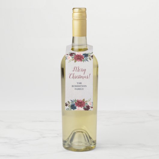 Marsala u. Marine-frohe Weihnacht-mit Blumenwein Flaschenanhänger (Auf Flasche)