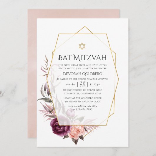 Marsala und Blush Geometric Bat Mitzvah Einladung (Vorne/Hinten)