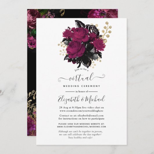 Marsala und Gold Floral Virtual Wedding Einladung (Vorne/Hinten)