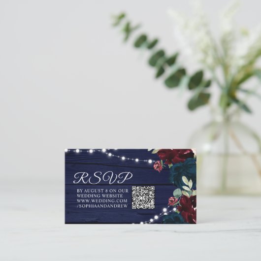 Marsala und Navy Blume Rustic Wedding QR UAWG Begleitkarte (Stehend Vorderseite)