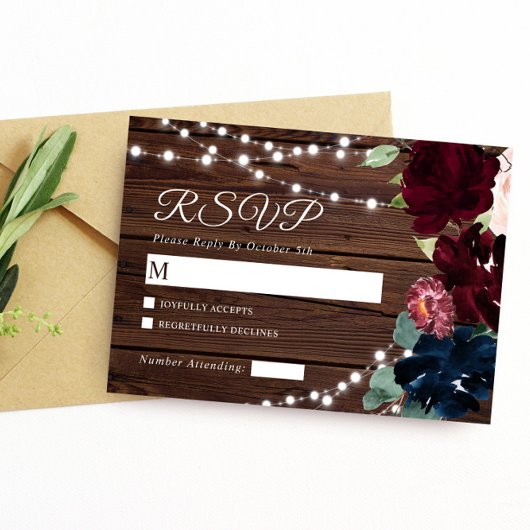Marsala und Navy Blume Rustic Wood Wedding RSVP