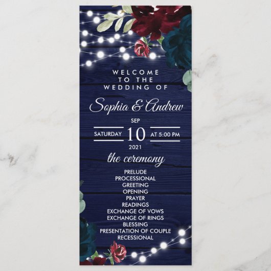 Marsala und Navy Blume Rustikale Hochzeitsprogramm Programm (Vorderseite)