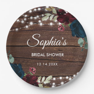Marsala und Navy Blume Rustikales Brautparty Pappteller