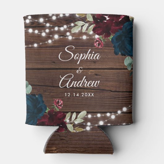 Marsala und Navy Rustic Wood Wedding Dosenkühler (Rückseite)