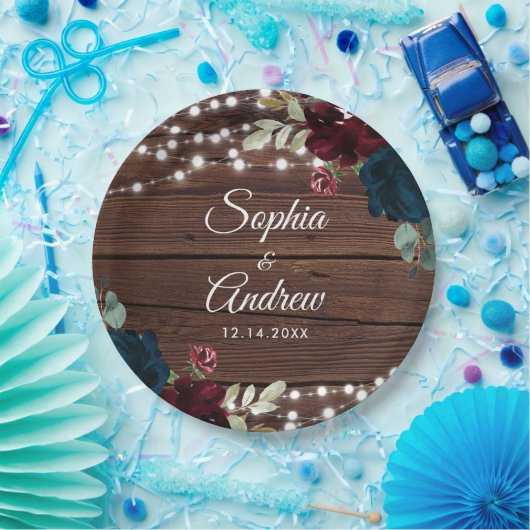 Marsala und Navy Rustic Wood Wedding Pappteller (Party)