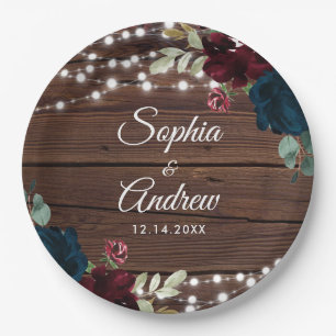 Marsala und Navy Rustic Wood Wedding Pappteller