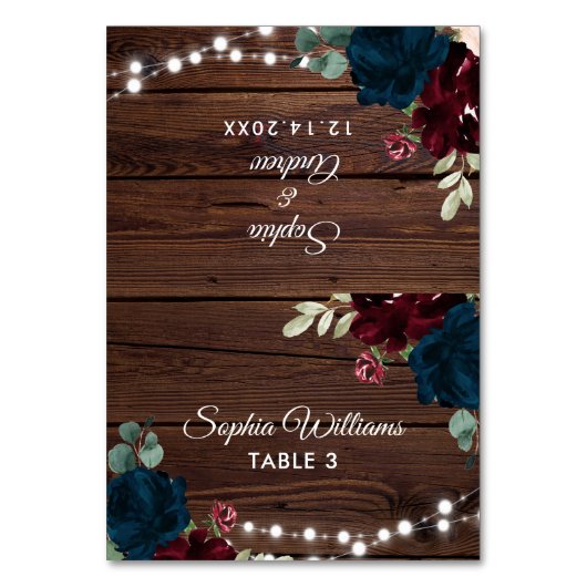 Marsala und Navy Rustic Wood Wedding Platzkarte Tischnummer (Vorderseite)