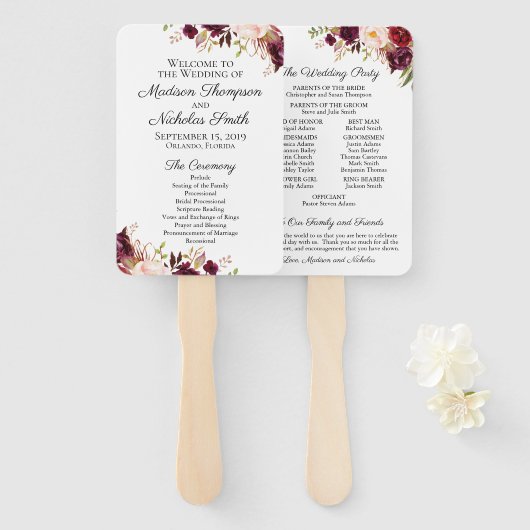 Marsala und Pink Blume Hochzeitsprogramm Fans Fächer (Vorne und Hinten)