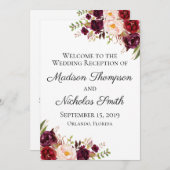 Marsala und Pink Floral Hochzeitsempfang Programm (Vorne/Hinten)