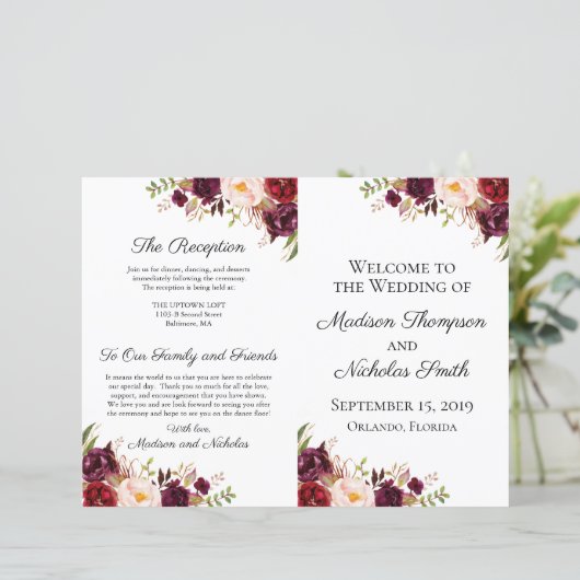 Marsala und Pink Floral Hochzeitsprogramme (Stehend Vorderseite)