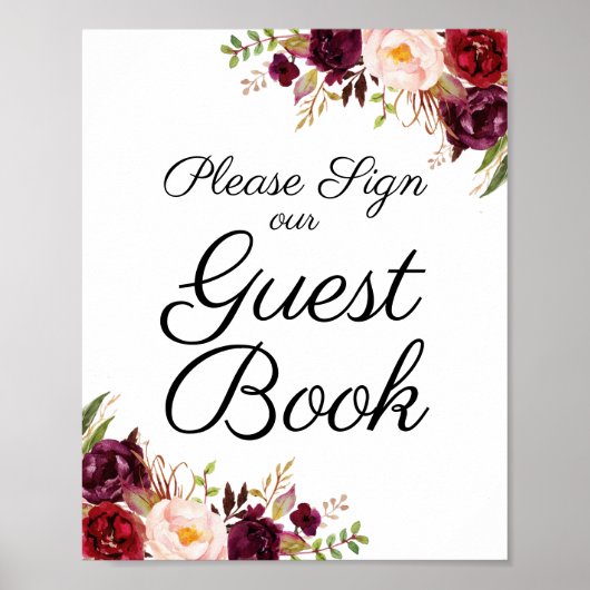 Marsala und Pink Floral Wedding Guest Book Sign Poster (Vorne)