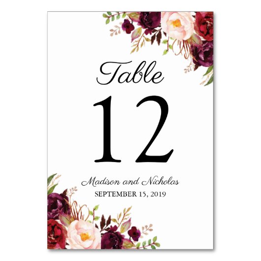 Marsala und Pink Floral Wedding Tischnummer Cards (Vorderseite)