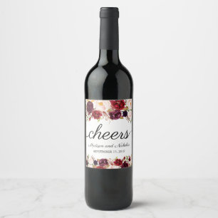 Marsala und Pink Floral Wedding Wine Labels Weinetikett