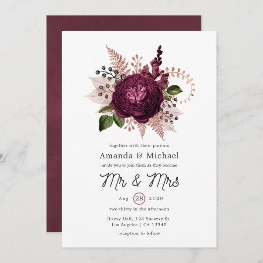 Marsala und Rose Einladung (Vorne/Hinten)