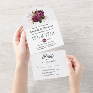Marsala und Roségold Florale Vintage-Hochzeit All In One Einladung