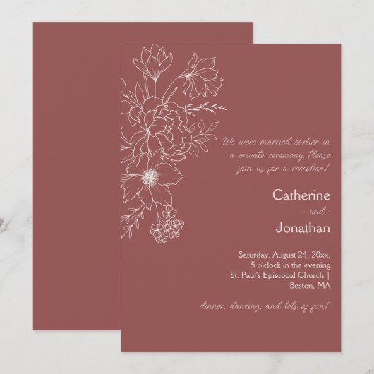 Marsala Vintage Line Drawn Floral Reception Einladung (Vorne/Hinten)