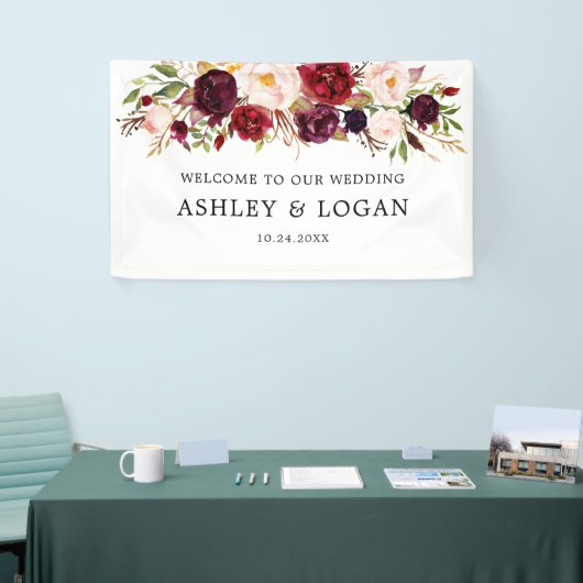 Marsala Watercolor Floral Wedding Willkommen Banner (Messeveranstaltung)