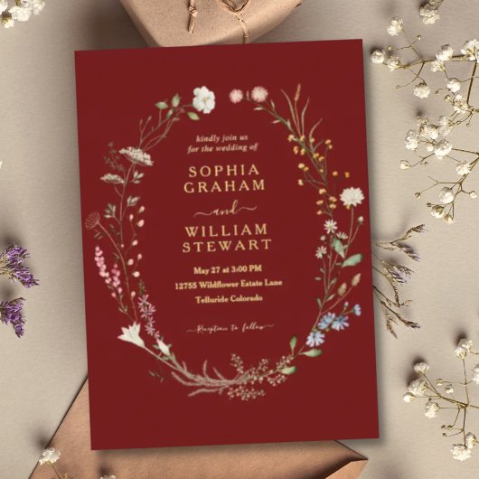 Marsala Watercolor Wildblume Theme Spring Wedding Folieneinladung