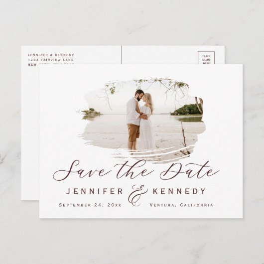 Marsala Wine Romantic Brushed Frame Save The Date Postkarte (Vorne/Hinten)
