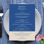 Marseille Bleu Hochzeit Moderne Probe Abendessen Menükarte<br><div class="desc">Diese maßgeschneiderten Hochzeitsmenüs in Marseille Bleu werden Ihnen die kulinarische Bühne für Ihre Feier, vom Probe-Dinner bis zum Hochzeitsempfang, Set. Die zweifarbige Marineblau- und Ekru-Farbpalette verleiht sich zu jeder Jahreszeit, vom Herbst über den Winter bis zum Frühling und Sommer, während das schlichte Design sowohl moderne Hochzeiten als auch lässigere Themen...</div>