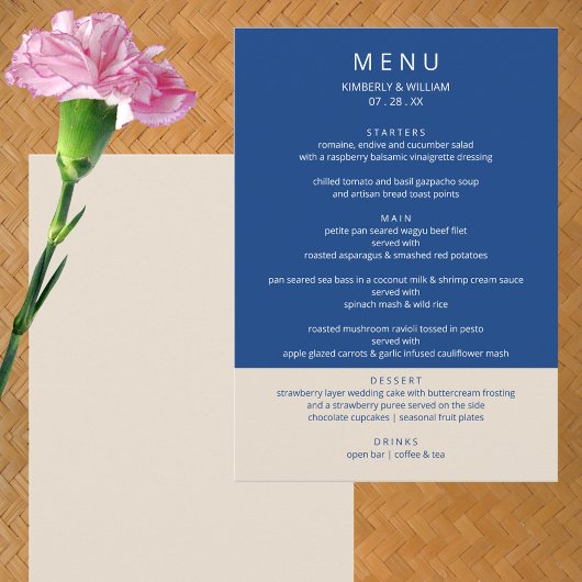 Marseille Bleu Hochzeit Moderne Probe Abendessen Menükarte