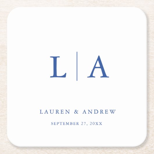 Marseille Bleu Monogram Elegant Simple Wedding Rechteckiger Pappuntersetzer (Vorderseite)