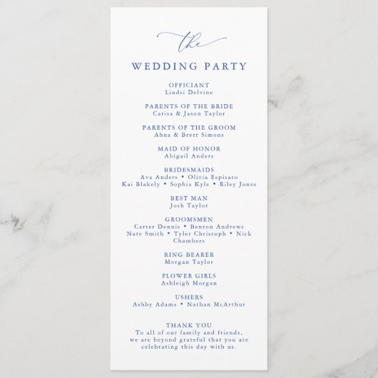 Marseille Bleu & White Minimalistische Hochzeit Programm (Rückseite)