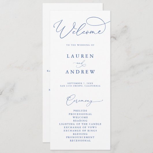 Marseille Bleu & White Minimalistische Hochzeit Programm (Vorne/Hinten)