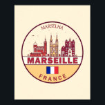 Marseille France City Skyline Emblem Poster<br><div class="desc">Marseille minimalistisches,  farbenfrohes Kunstdesign mit Denkmälern und Sehenswürdigkeiten der Stadt in Frankreich.</div>